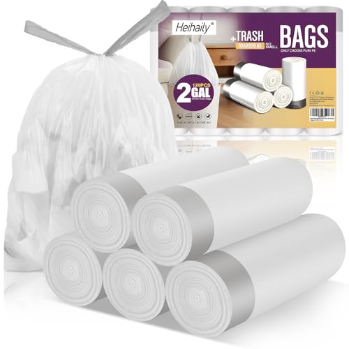 Small-Garbage-Bag 2-Gallon-Size Trash Bags Drawstring - Unscented Clear White Mini Bulk Drum Plastic Liners Recycling for Kitchen Office Bathroom Can Waste Basket, 5 Rolls, 120 Counts - style: 2Gal white 120 Counts