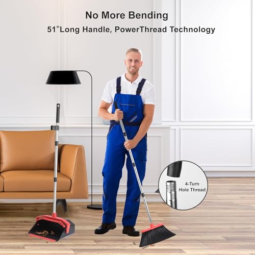 Tiumso Upgrade Broom with Dustpan Combo Set, Broom and Dustpan Set with 51'' Long Handle, Dust Pan and Brooms, ZeroGap Lip, Self-Cleaning Dustpans Teeth for Lobby Kitchen Restaurant - Black and Red - color: Black and Red