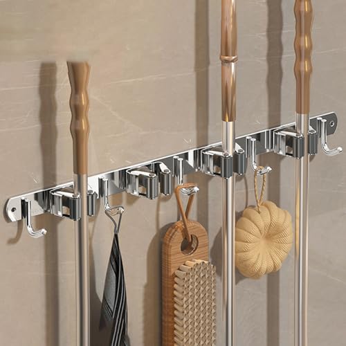 Wall-Mounted Broom Holder Stainless Steel Mop Storage Rack Laundry Room Storage Solution Suitable for Kitchens, Gardens, Garages (Silver: 4 clips with 5 hooks) - color: Silver: 4 clips with 5 hooks