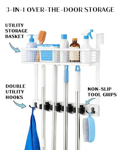 Lorbro Over the Door Broom Holder with Cleaning Supply Organizer, Wooden Mop and Broom Holder Wall Mount, 4 Grips, 4 Hooks, No-Drill Storage Rack, Mop Hanger for Laundry Room, Garage, Storage
