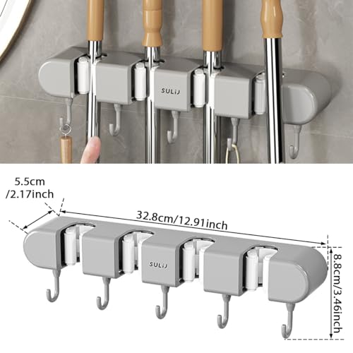 3PCS Broom Holder Wall Mount, No-Drilling Self-Adhesive Mop and Broom Storage Rack (4 Racks with 5 Hooks),Wall-Mounted Broom Hanger for Bathroom, Kitchen, Closet, Garage (Gray)