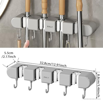 3PCS Broom Holder Wall Mount, No-Drilling Self-Adhesive Mop and Broom Storage Rack (4 Racks with 5 Hooks),Wall-Mounted Broom Hanger for Bathroom, Kitchen, Closet, Garage (Gray)