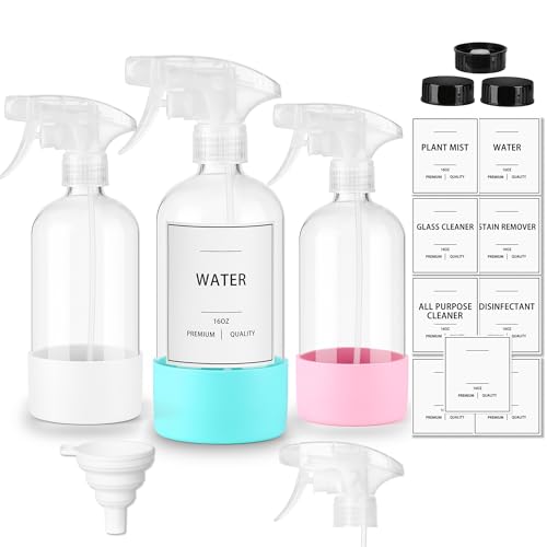 3Pcs empty glass spray bottle with Silicone Sleeve and label, 16 ounce reusable spray bottle, adjustable nozzle,for cleaning solutions, essential oils, hair, pets, plants, etc.