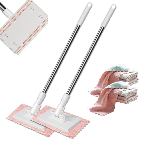Snap Grip Mini Mop, Zero Touch Mini Mops, Retractable Gap Dust Cleaner Flat Mops with Locking Head & Sweeping Cloths, 39' Long Handle Mopping Sweeper Stick for Multi Cleaning ,No Wash (2mop+8cloth) - color: 2mop+8cloth