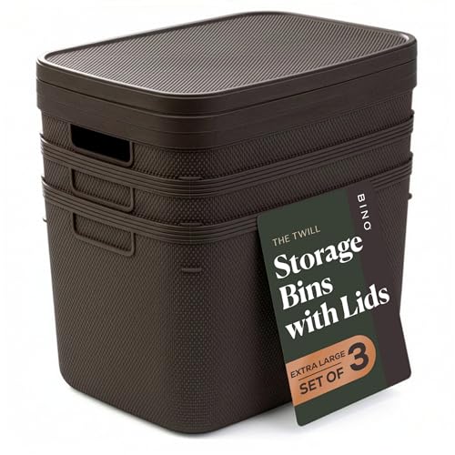 BINO | Plastic Storage Bins with Lids, 20 Liter - 3 Pack, Dark Brown | THE TWILL COLLECTION | Plastic Bins for Organization | Woven Storage Baskets for Organizing | Pantry Shelf Organizer Basket Bin - color: Dark Brown, size: 20L | 3-Pack