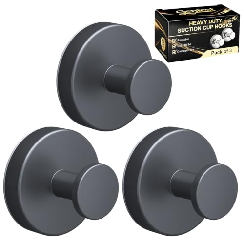 Suction Cup Hooks, Shower Hooks No Drill, Heavy Duty Wall Hooks for Hanging 15lbs, Reusable Waterproof Towel Hooks for Bathrooms Kitchen Glass Door Tile, Stainless Steel Hook Holder 3 Pack - color: 3 Black, size: 3 Pack