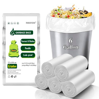 Biodegradable 6 Gallon Trash Bags Unscented - 200 Counts Compostable Medium Size Garbage Bags Durable & Strong Bulk Clear White Waste - style: Bio-White-6Gal200