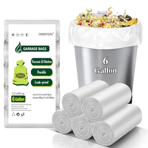 Biodegradable 6 Gallon Trash Bags Unscented - 200 Counts Compostable Medium Size Garbage Bags Durable & Strong Bulk Clear White Waste - style: Bio-White-6Gal200