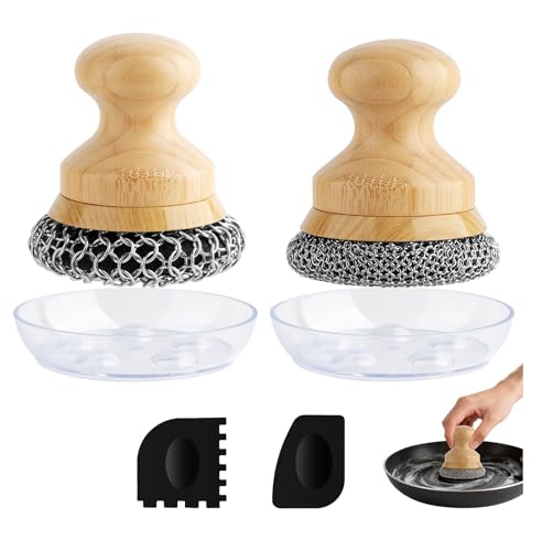 Cast Iron Scrubber and Scraper,Chain Mail Cleaner with Bamboo Handle & Draining Tray,316 Stainless Steel Brush for Cleaning Pots,Pans,Wok,Bakeware,Griddles, Grills(Small&Large ChainMail,2pcs) - size: Small + Large Chain Mail 2pcs