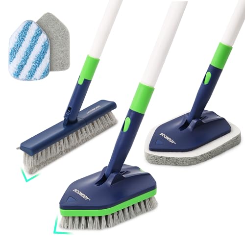 BOOMJOY 4 in 1 Shower Cleaning Brush, 58" Extendable Tub and Tile Scrubber Set, Grout Brush with Long Handle, Shower Tile Floor Scrubber for Cleaning Baseboard Bathroom Toilet Kitchen