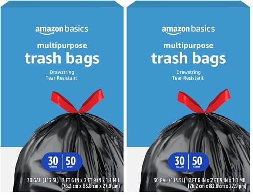 Amazon Basics Trash Bags, 30 Gallon, 50 Count | Drawstring | Multipurpose | Pack of 2 - size: 50 Count (Pack of 2)
