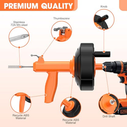 Drain Snake, Drain Auger with Drill Attachment, 25 Feet Plumbing Snake Auto Feed Flexible Hair Drain Clog Remover for Kitchen, Bathrom and Shower Sink with Gloves