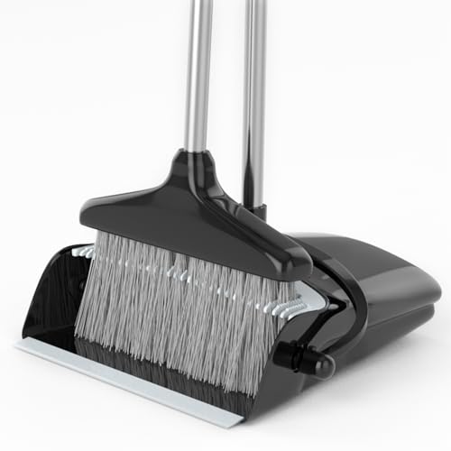 Broom with Dustpan Combo Set 54" Long Handle Angle Broom and Dust Pan for Home Office Cleaning Sweeping (Black and Grey) - color: Black and Grey