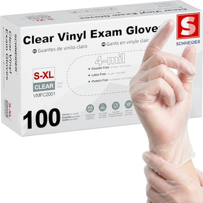 Schneider Clear Vinyl Exam Gloves, Latex-Free, Disposable Medical Gloves, Cleaning Gloves, Food Safe, Powder-Free, 4 mil - size: Large