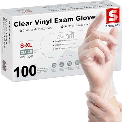 Schneider Clear Vinyl Exam Gloves, Latex-Free, Disposable Medical Gloves, Cleaning Gloves, Food Safe, Powder-Free, 4 mil - size: Small