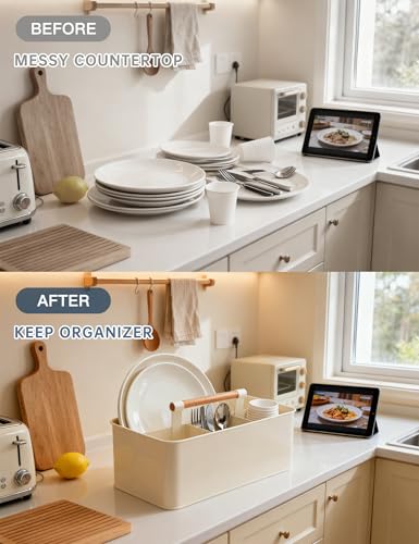 Caddy Organizer with Wooden Handle, Metal Utensil Caddy with 4 Compartments, Picnic Caddy Paper Plate Organizer Utensil Holder for Party - color: Cream