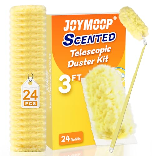 JOYMOOP Scented Telescopic Duster kit, 3FT Extendable Handle (Yellow) + 24 Yellow Refills for Swiffer Feather Duster,Easy Cleaning for Ceilings, Ceiling Fans, Blinds, Vents & Shelves - color: Yellow Handle With Yellow Refills, size: 1 Extendable Handle +