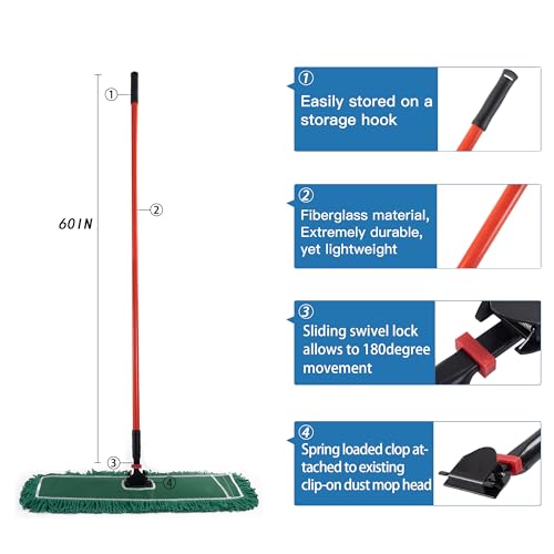 Matthew Cleaning Commercial Quick-Change Dust Mop Handle with Clip-on Metal Gripper for Heavy Duty Mop Head Replacement Holder, Fiberglass Handle 60 inch 6packs-Red - color: Fiberglass - Red