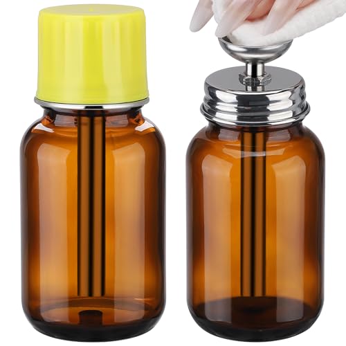 2Pcs 4Oz / 120ml Amber Glass Dispenser Bottles with Lid, Leakproof Acetone Dispenser Pump for Industry, Push Down Glass Alcohol Bottle with Copper Core, Empty Refilllable Liquid Container for PFA/LDPE - color: Amber - 2 pcs