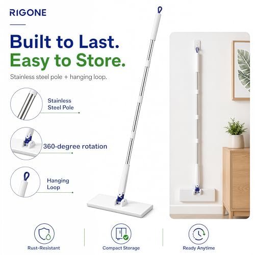 RIGONE Snap Grip Mop Kit, Hands-Free Flat Mop with One-Press Clip, 49" Wet Dry Floor Cleaner, Use Any Cloth, Towel or Rag, 34-Piece Set for Hardwood Tile Wall Window Home Cleaning