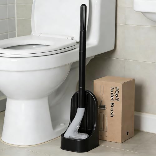 Toilet Brush and Holder Set, Silicone Toilet Brush, Golf Head Design, Long Handle, 360° Deep Cleaning, Wall Mounted with Removable Anti-Leakage Base for Bathroom Toilet Cleaning(Black) - color: Black