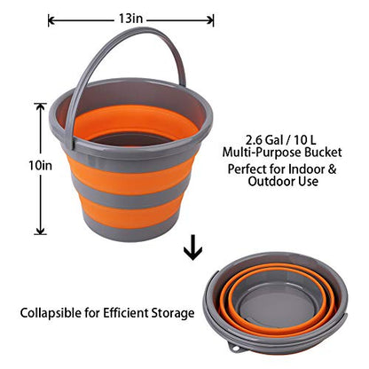 2 Pack Collapsible Plastic Bucket with 2.6 Gallon (10L) Each, Foldable Round Tub for House Cleaning, Space Saving Outdoor Waterpot for Garden or Camping, Portable Fishing Water Pail (Blue & Orange)
