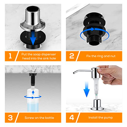 Built in Soap Dispenser for Kitchen Sink Chrome Stainless Steel Pump Head, Counter Soap Dispenser Refill from Top with 17 Ounce PE Bottle - color: Chrome