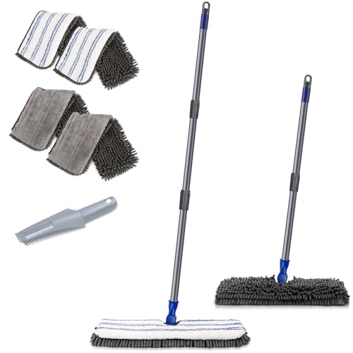 Two Sided Dust Mop Floor Cleaning System, MASTERTOP 360 Microfiber Mop with Stainless Steel Handle,Wet Dry Mop,Flat Flip Mops for Hardwood, Laminate, Vinyl, Tiles,4 Washable Mops Pads - color: Gray, size: 16.8"*5.2"