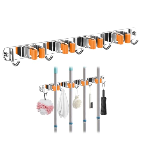 Upgrade Broom Holder Wall Mount, 304 Stainless Steel Mop & Broom Storage Organizer with Hooks, Self-Adhesive or Screw Install for Bathroom Garage Kitchen (orange, 4 Racks and 5 Hooks) - color: orange, size: 4 Racks and 5 Hooks