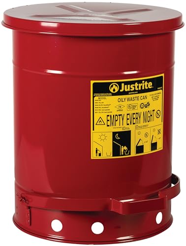 Justrite 10 Gallon Galvanized Steel Oily Waste Can, 18" x 14" Metal Oil Rag Safety Can with Quiet Foot Operated Self-Closing Lid for Oil Rag Disposal, Made in The USA, Red, 09308 - color: Red, size: 10 Gallon, style: Foot-Operated Quiet Lid