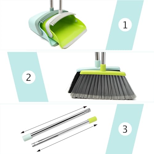 Broom and Dustpan Set, Dustpans with Broom Combo for Home, Heavy Dust Broom and Dustpan Combo, Long Handle Dust Pan and Broom Set for Kitchen, Office, Pet Hair,Green, Pack of 1 - color: Green