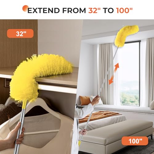 Dusters for Cleaning High Ceiling Fan, Newliton Microfiber Feather Duster with 30'' to 100'' Telescoping Extension Pole, Long Extendable Duster for Home Car Furniture Cobweb, Yellow