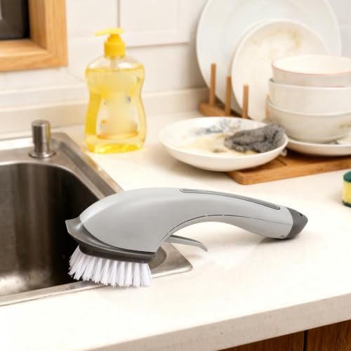 Soap Dispensing Dish Brush - Ergonomic Kitchen Scrub Brush with Soap Dispenser for Effortless Cleaning of Pots, Pans, Sinks & Bathtubs - Green/Gray - color: Gray