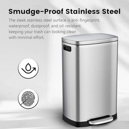 ELPHECO Kitchen Trash Can with Lid Soft Close,13 Gallon / 50L Stainless Steel Pedal Garbage Can, Heavy-Duty Fingerprint Proof Step Wastebasket with 20 Bags, Removable Bucket, Home Office, Silver - color: Silver