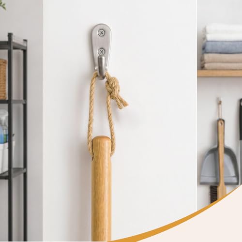 6 PK Wooden Push Broom Handle with American Threaded Metal Tips, 55” Lacquered Wood Handle with Easy Hanging Hemp Rope
