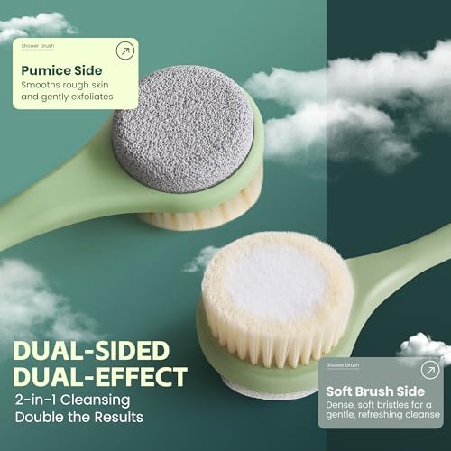 Back Scrubber for Shower, Long Handle Exfoliating Brush, Dual-Sided Bath Brush with Soft Bristles & Volcanic Pumice Stone, Anti-Slip Grip for Men & Women (Green) - color: Greenb