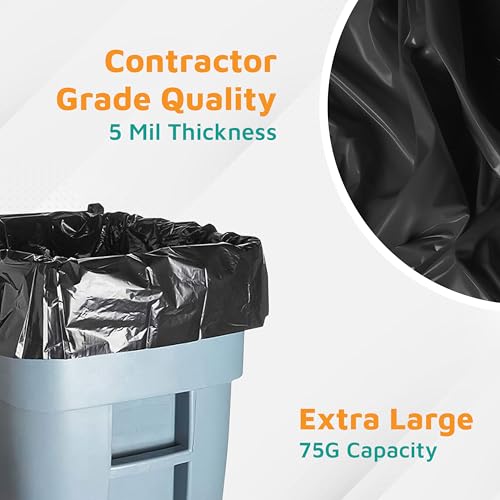 PlasticMill Contractor Bags Heavy Duty - Commercial, Industrial Garbage Bags - Black Construction Trash Bags - Outdoor, Garden Trash Bags, 75-Gallon, 5 Mil, 58"x60" (30-Count)
