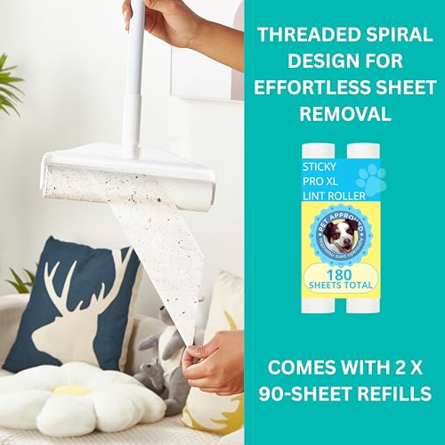 True & Tidy StickyPro XL Lint Roller Value Set with 2 Lint Roller Refills, Heavy-Duty Durable, Adjustable Handle Works Great on Pet Hair, Clothing, Furniture and More, 180 Sheets Total, Refillable - size: Lint Roller with 2 Refills