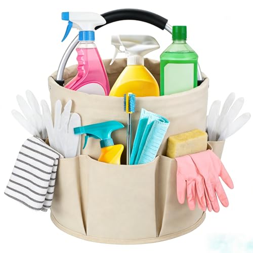 17L Foldable Cleaning Caddy with Handle - Portable Oxford Fabric Storage Bucket, Organiser for Cleaning Supplies, Toiletries, Home, Garden, Picnic & Beach (Beige) - color: Beige