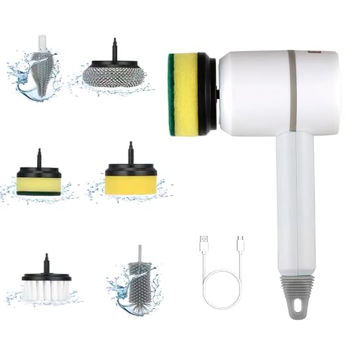 Power Spin Scrubber，Spin Brush for Cleaning Set, Dish Blaster Cordless, 6 Heads, Rechargeable, 3 Rotating Speeds, Brush for Cleaning Bathroom Kitchen (White) - color: White