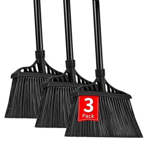 Tiumso 3-Pack Heavy Duty Broom, Commercial Broom with 55" Long Handle Outdoor Indoor, Industrial Brooms for Sweeping Garage Concrete Courtyard Patio Home Kitchen Office - All Black - color: Total Black