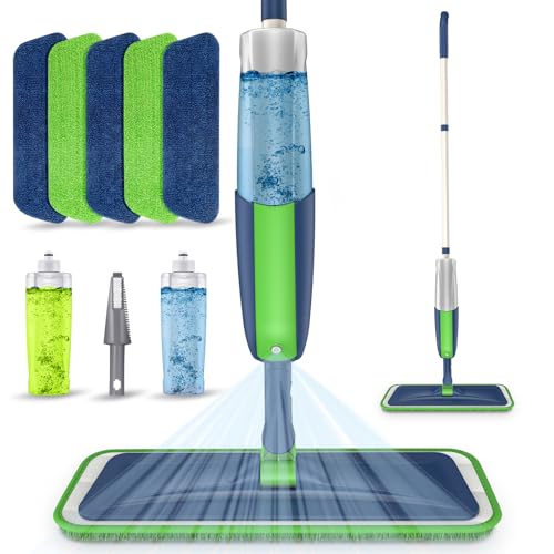 Spray Wet Mops for Hardwood Floor Cleaning: MEXERRIS Floor Mop with 5 Washable Pads for Swiffer Powermop & 2 Refillable Bottles - Home Commercial Dust Dry Mops for Wood Laminate Vinyl Tiles Ceramic - color: Green