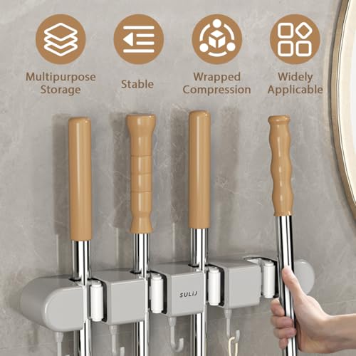 3PCS Broom Holder Wall Mount, No-Drilling Self-Adhesive Mop and Broom Storage Rack (4 Racks with 5 Hooks),Wall-Mounted Broom Hanger for Bathroom, Kitchen, Closet, Garage (Gray)