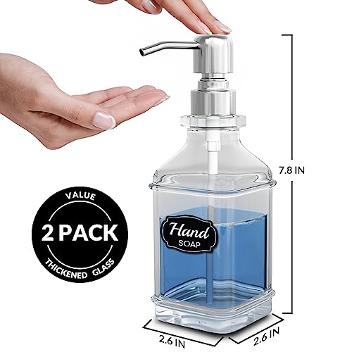 LMQML Soap Dispenser - 2 Pack, Antique Design Thick Glass Hand Soap Dispensers with Sturdy Tray; 304 Rust Proof Stainless Steel Silver Pump, 12Pcs Stickers, for Kitchen, Bathroom - color: Silver