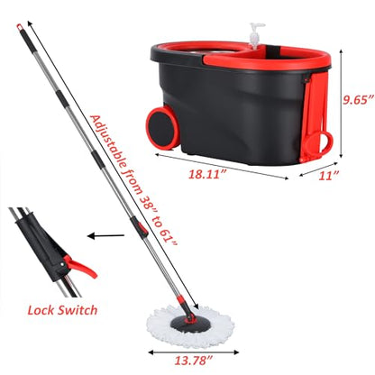 Mop and Bucket Set, Spin Mop and Bucket with Wringer, Mops for Floor Cleaning System, Stainless Steel 360 Floor Mop Bucket on Wheels, 3 Microfiber Mop Replacement Heads - color: Black-2