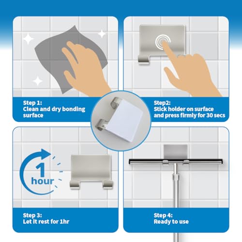 Shower Squeegee with Long Handle and Adhesive Hook. for Glass Doors, Tile Walls, Mirrors and Windows. Telescoping Squeegee for Cleaning. Bathroom Stainless Steel Squeegee, 10inch Wide, Chrome – 1pk