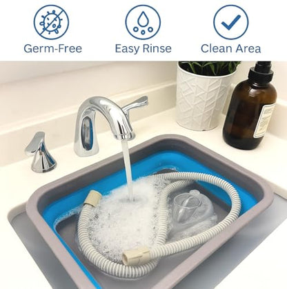 Hose and Mask for CPAP Cleaning Brush with Collapsible Wash Basin Bucket Tub - Essential Care Kit for CPAP Users, Suitable for 7 Feet Tubing and 22mm 19mm Diameter (Standard Set Basin & Brush)