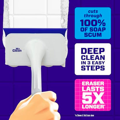 Mr. Clean Magic Eraser Shower & Tub Scrubber, Bathroom Cleaner, All in One Bathroom Cleaner, Lemon Starter Kit, 1 Scrubber & 2 Foaming Magic Erasers - size: 1 Device + 2 Refills