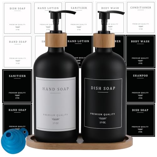 Black Glass Soap Dispenser - Hand Dish Soap Dispenser Set for Kitchen with Sturdy Pump and Tray, 14 Waterproof Labels, Bathroom Refillable Soap Lotion Dispenser-Black - color: Black Bottle + 14 Labels + Funnel + Tray