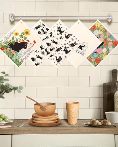 Miss Adola Swedish Dishcloths for Kitchen with Hooks - Reusable Dish Cloths for Washing Dishes Fast Drying Cute Fun 5 Pack Swedish Dish Towels Washable Cleaning Sponge, Black Cats - color: Black Cats